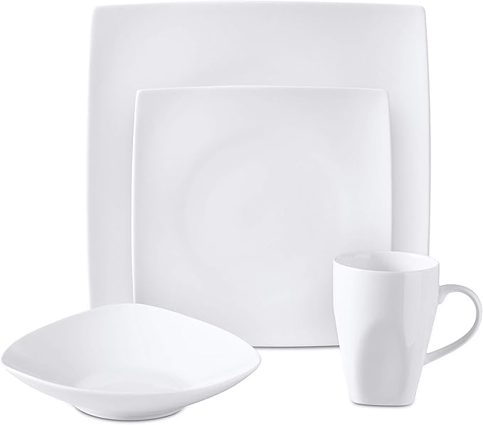 Bone China Square Shape, Elegance White 16pc Dinnerware Set