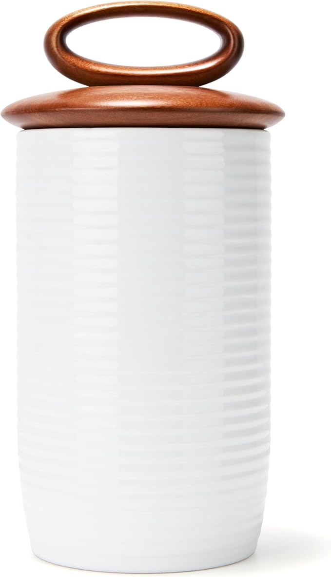 Nambe x Tom Papa Breaking Bread Canister 12" x 6" - Contemporary Stoneware Storage Jar with Acacia Wood Lid & Silicone Seal, Kitchen Countertop Storage for Bread, Coffee, Tea, Flour, Sugar (Large)