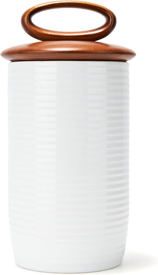 Nambe x Tom Papa Breaking Bread Canister 12" x 6" - Contemporary Stoneware Storage Jar with Acacia Wood Lid & Silicone Seal, Kitchen Countertop Storage for Bread, Coffee, Tea, Flour, Sugar (Large)