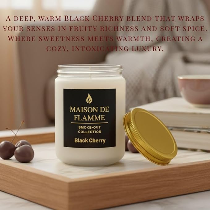 Black Cherry Odor-Eliminating Scented Candle, 200g/7oz White Jar – Long-Lasting Soy Wax Blend Candle for Smoke, Kitchen & Home Odors