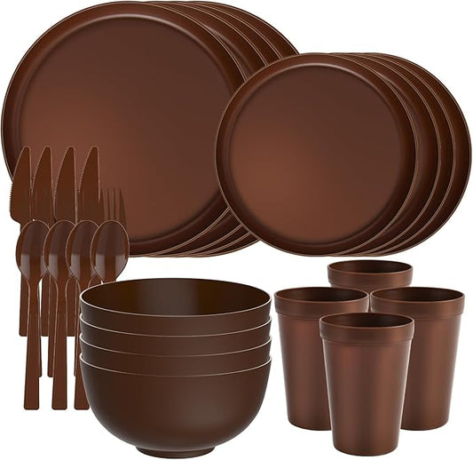 20 Piece RV & Camping Dinnerware Set, Elegant Ceramic-Look Large Bowls & Plates, Unbreakable & 100% Microwave Safe, Melamine Alternative Service for 4, Brown