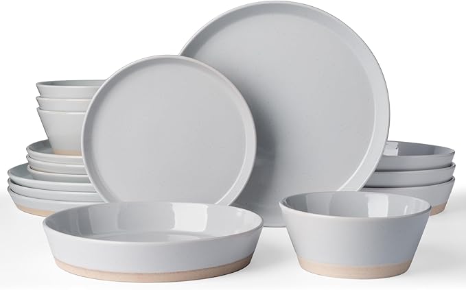 Famiware Saturn Dinnerware Set with Pasta Bowl, 16 Pieces Dish Set, Plates and Double Bowls Sets for 4, Chip and Scratch Resistant, Microwave and Dishwasher Safe Tableware, Light Gray