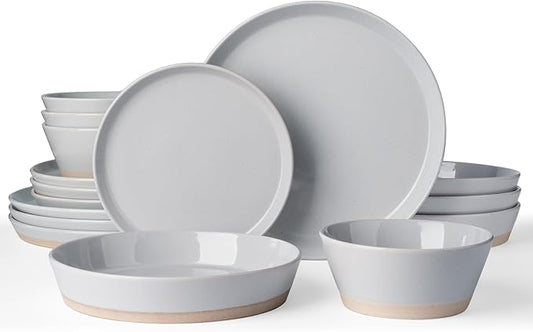 Famiware Saturn Dinnerware Set with Pasta Bowl, 16 Pieces Dish Set, Plates and Double Bowls Sets for 4, Chip and Scratch Resistant, Microwave and Dishwasher Safe Tableware, Light Gray