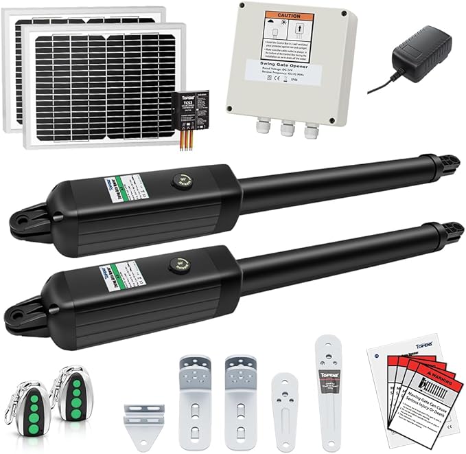 TOPENS AD5S Automatic Gate Opener Kit Medium Duty Solar Dual Gate Operator for Dual Swing Gates Up to 16 Feet or Max 550 Pounds Gate Motor Solar Panel