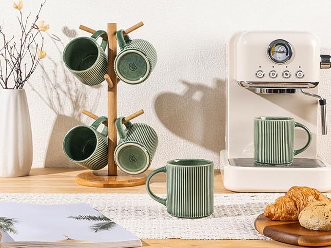 GBHOME 12oz Stoneware Coffee Mugs, Ceramic Coffee Cups with Handle for Man,Woman,Dad,Mom, Modern Coffee Mugs Set of 6 for Latte/Cappuccino/Cocoa/Tea/Cocoa/Milk. Dishwasher&Microwave Safe, Dark Green