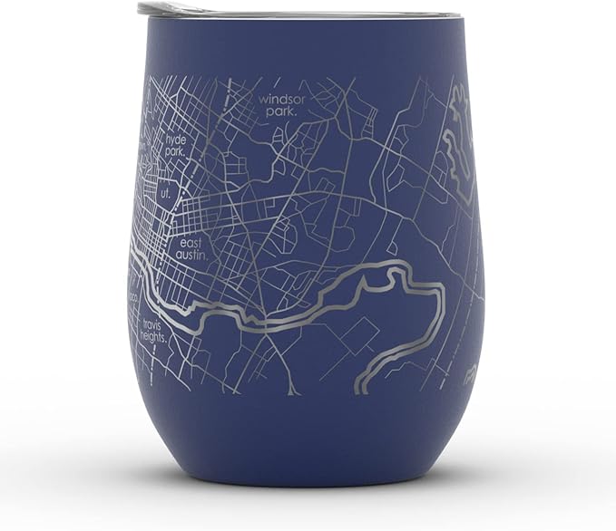 Well Told Engraved Austin Texas Map Insulated Wine Tumbler, Etched Stainless Steel Cup (12 oz, Midnight Blue) City Map Insulated Tumbler, Custom Insulated Tumbler, Outdoor Drinkware