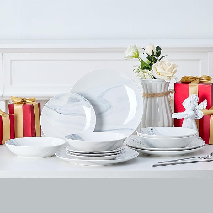 Bestone 12 Pieces Round Kitchen Dinnerware Sets,Plates and Bowls sets,Dishes, Plates, Bowls, Dish Set，Plates and Bowls,Service for 4, Blue and White Marble