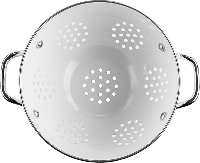 Reston Lloyd Calypso Basics Powder Coated Enameled Colander with Solid Base, Strainer Basket with Handles, for Pasta, Berries, Vegetables, Fruit, White (5 Quart, 160 oz, 4.7 litres)
