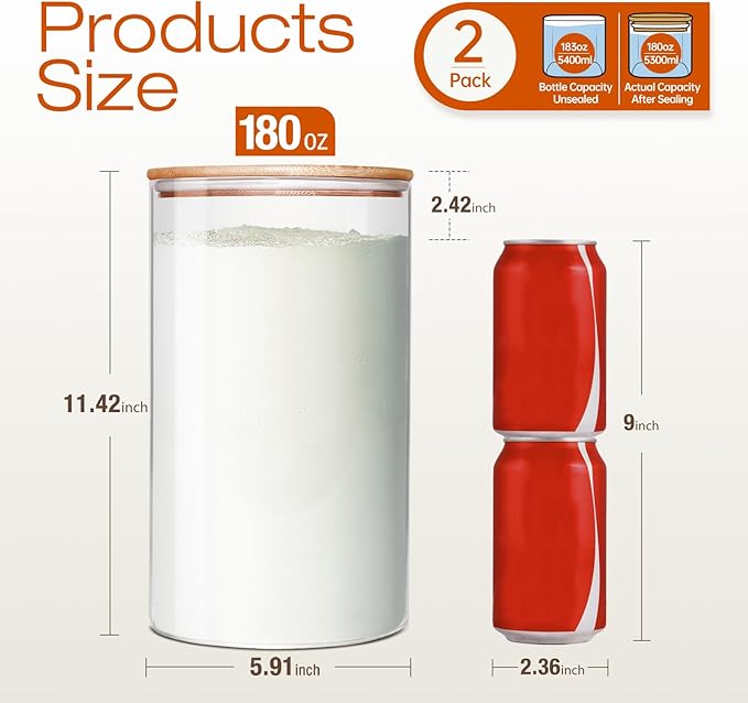 Large Glass Flour and Sugar Containers 180oz x2 [Set of 2], Glass Food Storage Containers with Bamboo Lids, Glass Jar with Airtight Lids for Spaghetti Pasta,Rice,Cereal,Candy,Coffee, Oat