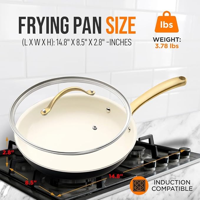 NutriChef 8-Inch Professional Ceramic Frying Pan With Lid - Small Skillet with Golden Titanium Handle, Non-Stick Ceramic Coating, Stain-Resistant, Easy to Clean, Ideal for Home Cooking