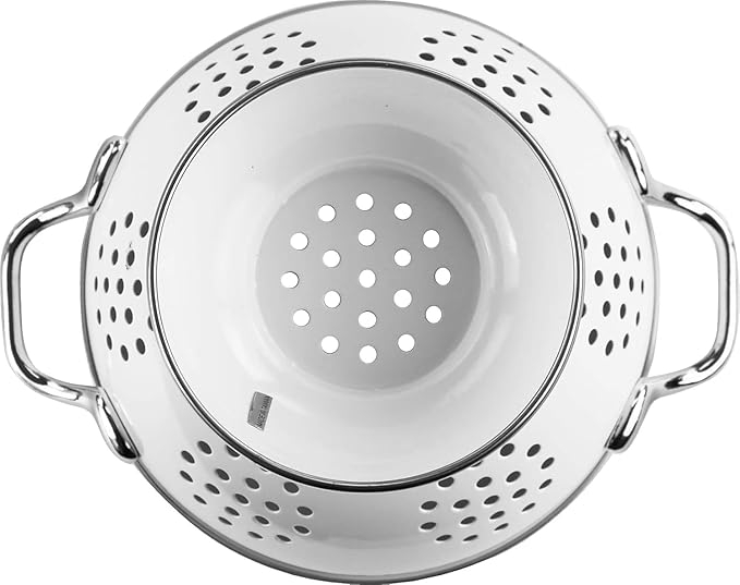 Reston Lloyd Calypso Basics Powder Coated Enameled Colander with Solid Base, Strainer Basket with Handles, for Pasta, Berries, Vegetables, Fruit, White (5 Quart, 160 oz, 4.7 litres)