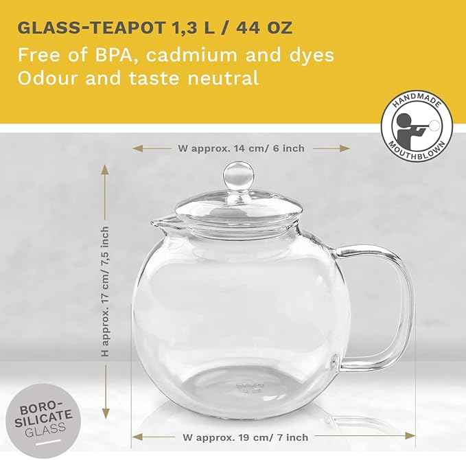 Creano Glass Teapot 44oz (1300ml) with removable stainless steel Tea Infuser - includes 2 Blooming Teas - Giftset - Tea Kettle and Tea Maker