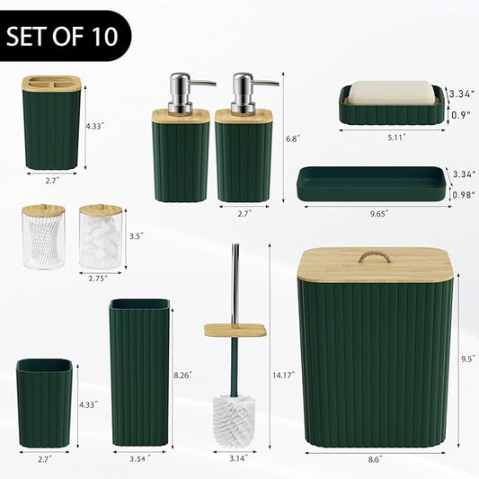 Bathroom Accessories Set - 10PC Bathroom Set, Green Bathroom Set, Bathroom Accessories Set, Toilet Brush, Bathroom Trash Can & Soap Dispenser