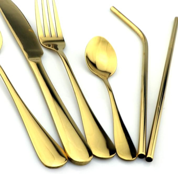 Gugrida Gold Reusable Utensils with Case, Healthy & Eco-Friendly 8 Pieces Portable Stainless Steel Flatware Tableware Dinnerware Set, Portable Travel Camping Cutlery Knife Fork Spoon Straws Set