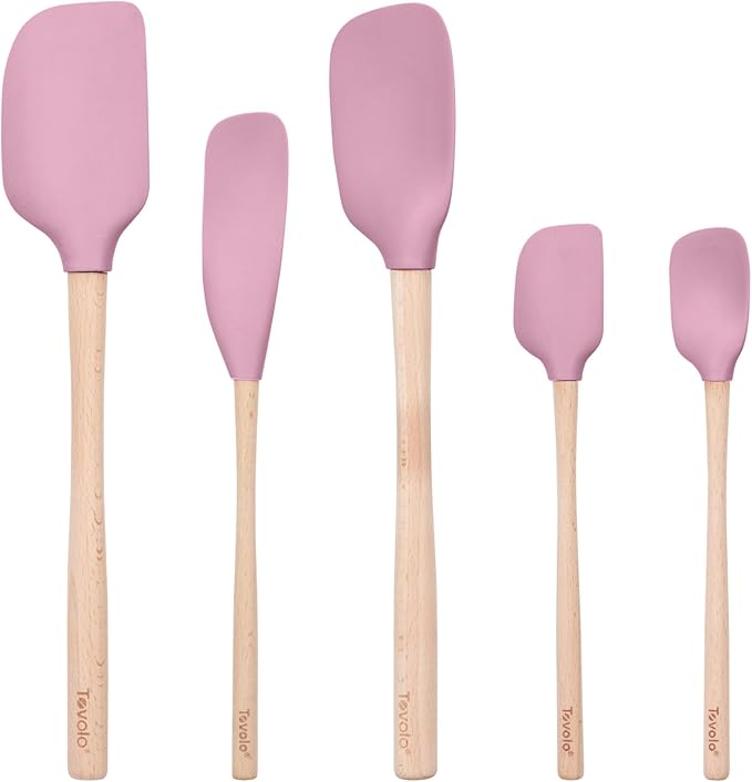 Tovolo Silicone Spatula with Wooden Handle Set of 5 Piece Silicone Kitchen Utensil Set Spoonula Jar Scraper Mini Spatula and Spoonula for Cooking Baking Mixing Folding Pink Sorbet