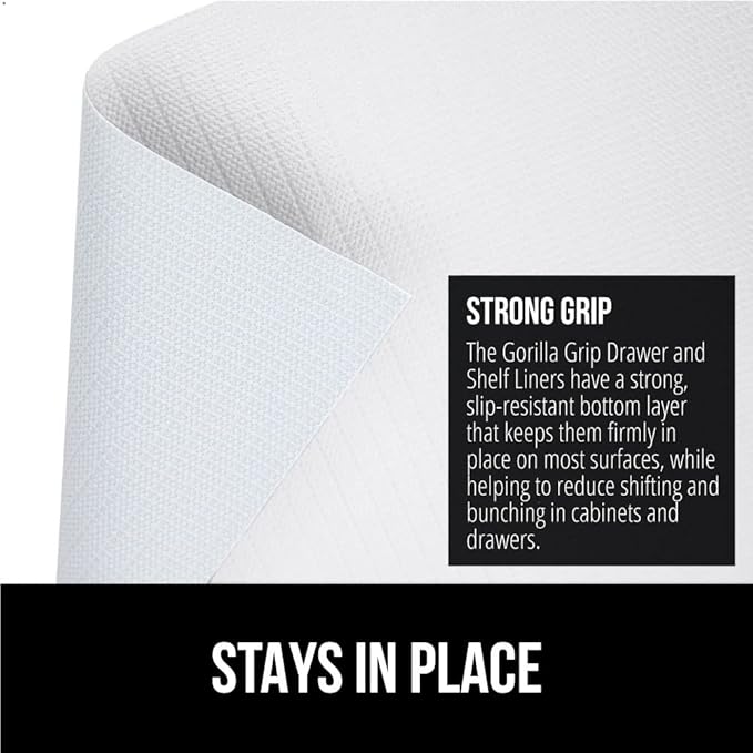 GORILLA GRIP Slip Resistant Drawer and Shelf Liner 2 Pack, Non Adhesive Water Resistant, Easy Clean and Trim, Smooth Surface Liners for Kitchen Cabinet, Shelves, Drawers, Pantry, 12 in x 10 FT, White