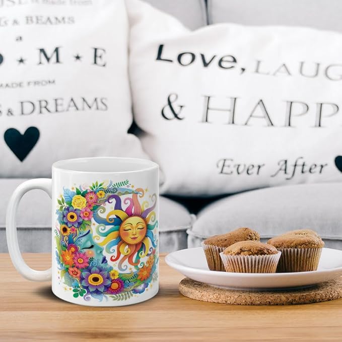 MUGBREW Colorful Sad Moon Happy Sun Ceramic Coffee Mug Tea Cup, 11 OZ