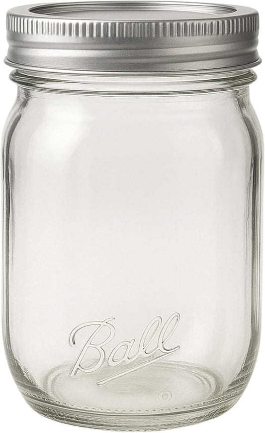 Ball Regular Mouth Easy Label Glass Mason Jars with Lids and Bands, Used for Canning, Pickling, Juice, Jam, Jelly, Pint Size 16 Ounce (Pack of 4)
