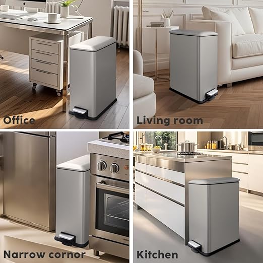 12 Gallon Slim Kitchen Trash Can, Rectangular Trash Can with Lid, Removal Inner Liner, Foot Pedal, Stainless Steel Garbage Can 45 Liter (Kohler's Steel Gray)