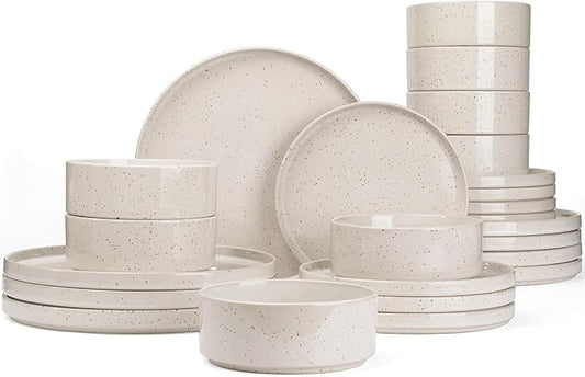 Famiware Nebula Plates and Bowls Set, 24 Pieces Dinnerware Sets, Dishes Set for 8, Creamy White with Colorful Speckles