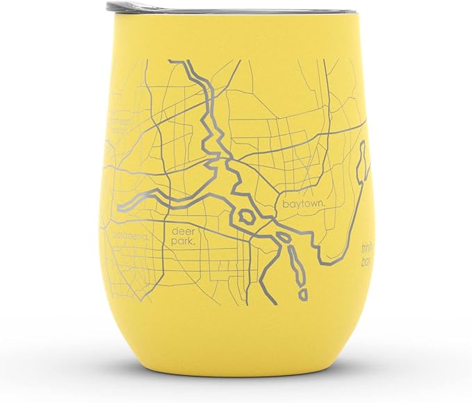Well Told Engraved Houston Texas Map Insulated Wine Tumbler, Etched Stainless Steel Cup (12 oz, Sunrise Yellow) City Map Insulated Tumbler, Custom Insulated Tumbler, Outdoor Drinkware
