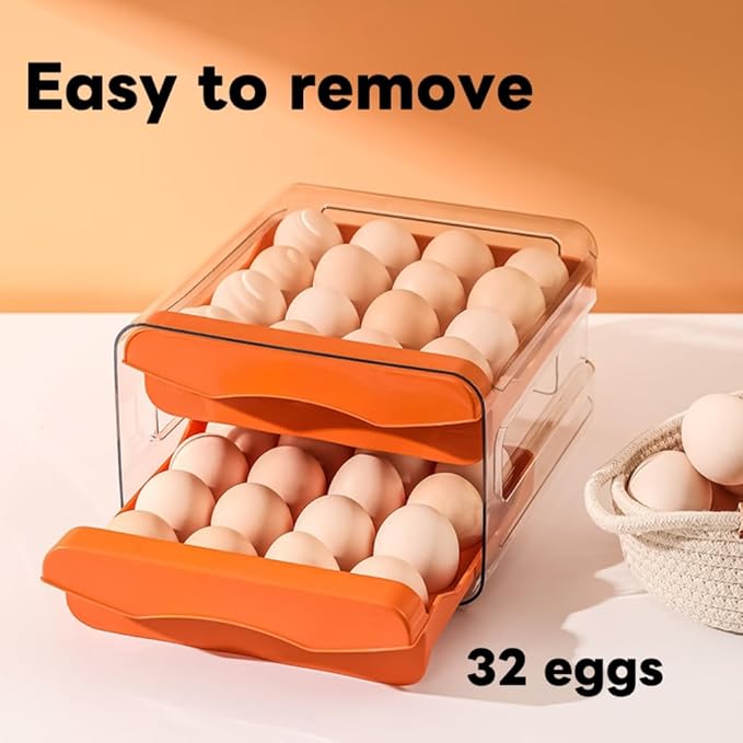 Egg Drawer for Refrigerator 32 Eggs, 2 Tier Clear Stackable Egg Holder with Drawer for Fridge, Drawer Type Egg Storage Box, Egg Tray Countertop (Orange)