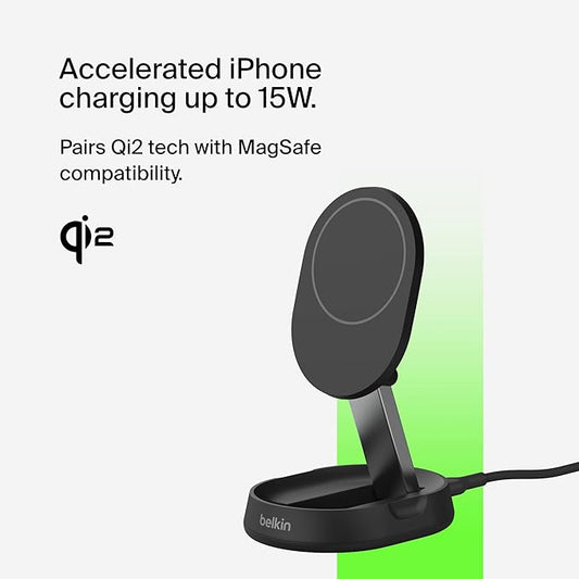 Belkin Convertible Magnetic Charging Stand 15W - MagSafe-Compatible Qi2-Certified Wireless Charging Station, iPhone Charger for Apple iPhone 16 Series, Airpods Pro, & More, No PSU - Black (2-Pack)