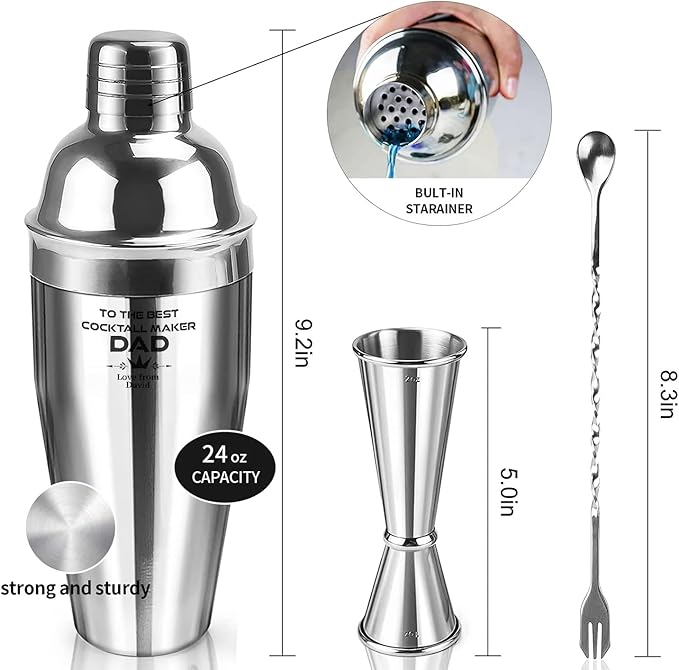 Custom Cocktail Shaker Bar Set 24oz - Custom Professional Stainless Steel Martini Mixer with Built-in Strainer, Measuring Jigger & Spoon - Engraved Drink Shaker Kit for Bartenders & Home Bars - Crown