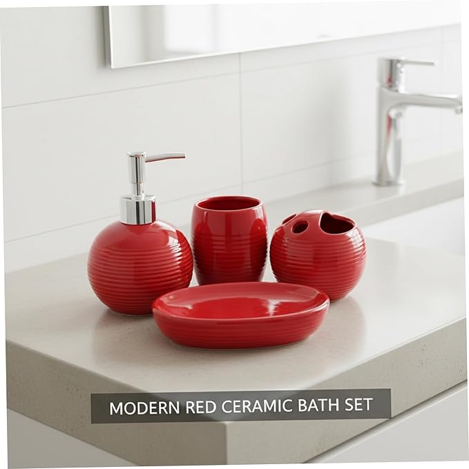 4Pcs Red Bathroom Accessories, Modern Ceramic Bathroom Accessories Set Includes Soap Dispenser, Toothbrush Holder, Tumbler and Soap Dish for Home Apartment, Red Toothbrush Holder