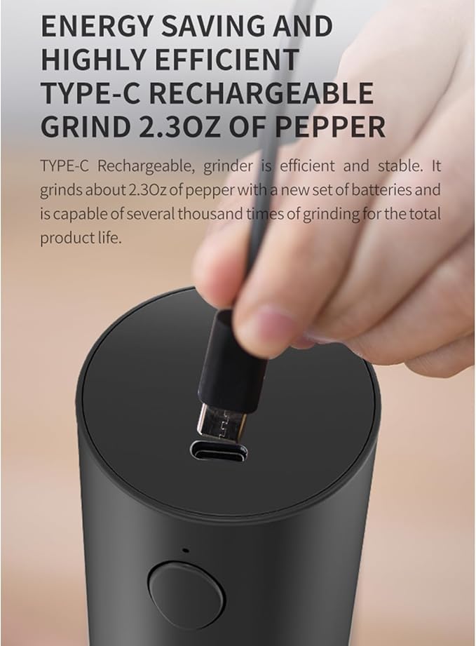 RECHARGEABLE - Electric Pepper and Salt Grinder Set, Adjustable Coarseness, With LED Light, One Hand Automatic Operation (A/Black)