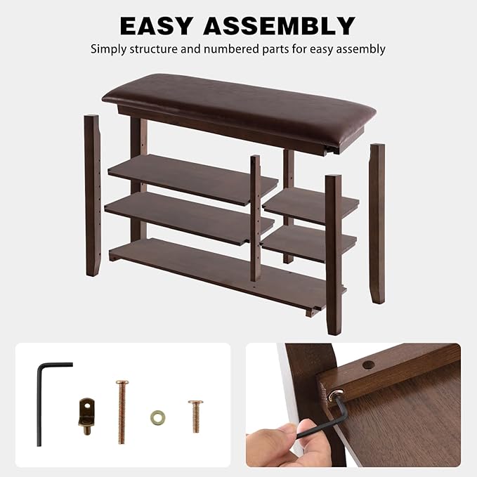 PY HOME & SPORTS Shoe Rack for Entryway 31.5": 3-Tier Shoe Storage Bench,Adjustable/Removable Shelves, Rubberwood Shoe Benches for Hallway, Porch, Bathroom, Brown