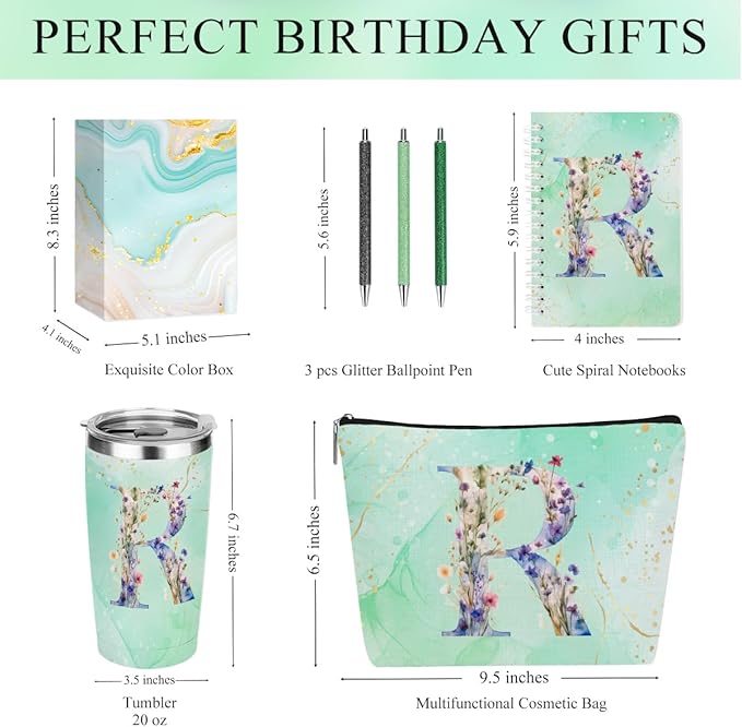 Personalized Gifts Monogrammed Birthday Gifts for Women, New Mom, Grandma Thank You Christmas, Initial 20 oz Tumbler, Makeup Cosmetic Bag Cup Pens Journal Notebook 6 Set, (Aesthetic Green Flower R)
