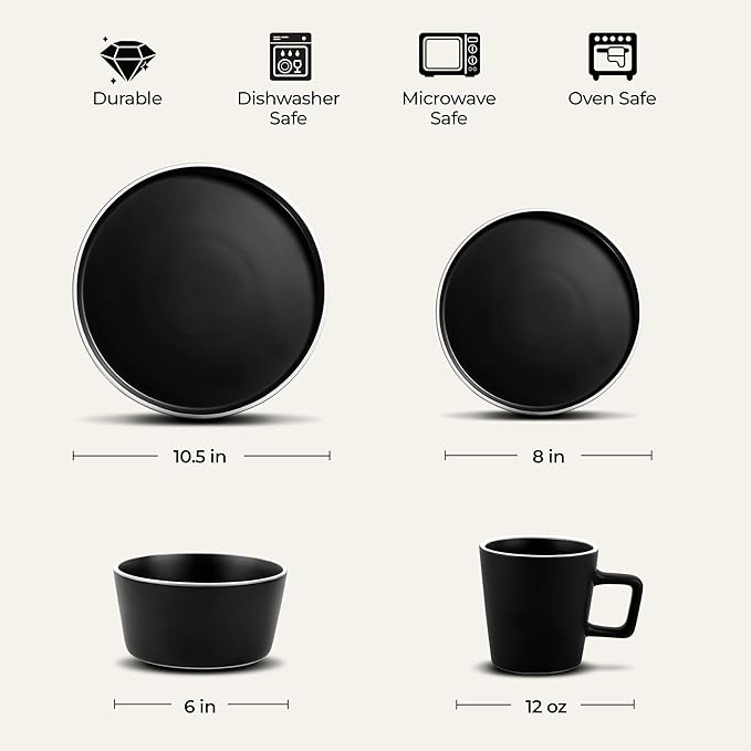 Zulay Kitchen Terra Stoneware 32-Piece Dinnerware Set, Artisanal Ceramic Plates and Bowls Set Crafted at 2300℉ - Service for 8, Black Matte with White Rim