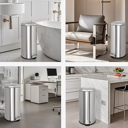 8 Gallon Trash Can, Stainless Steel Garbage can with Removal Liner, Pedal Trash Can with Soft Close lid, Round Trash Bin for Kitchen, Office, Dorm or Bathroom, 30 Liters, Silver