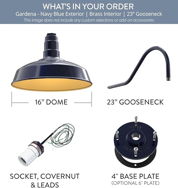 Steel Lighting Co. | Dusk to Dawn | Gardena Barn Light | Outdoor Wall Mounted | 16" Dome | 23" Gooseneck | Farmhouse Light Made in America | Navy Blue/Brass