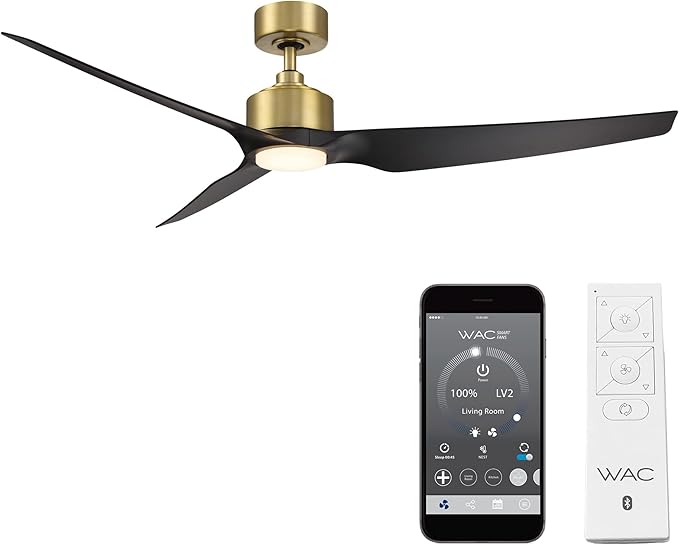 WAC Smart Fans Stella Indoor and Outdoor 3-Blade Ceiling Fan 60in Satin Brass Matte Black 3000K LED with Remote Control Compatible with Alexa and iOS or Android App