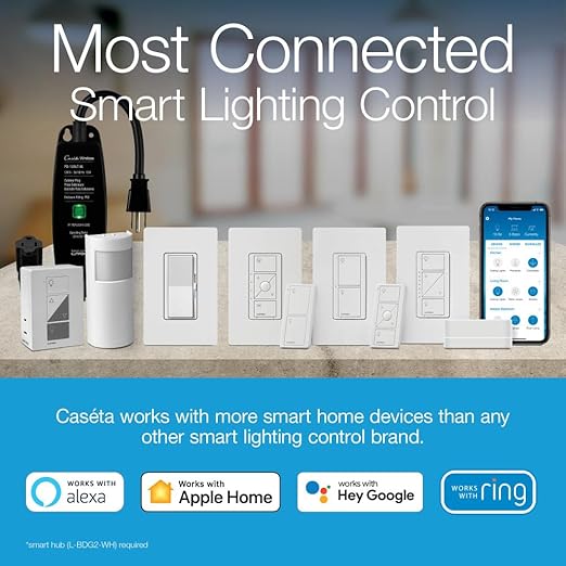 Lutron Diva Smart Dimmer Light Switch for Caseta Lighting (Lutron Smart Hub Required), for LED Lights, 150W, Single-Pole/3-Way, No Neutral, Ivory (DVRF-6L-IV)