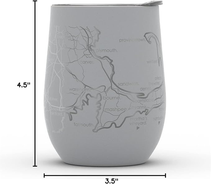 Well Told Engraved Cape Cod Massachusetts Map Insulated Wine Tumbler, Etched Stainless Steel Cup (12 oz, Dockside Gray) City Map Insulated Tumbler, Custom Insulated Tumbler, Outdoor Drinkware
