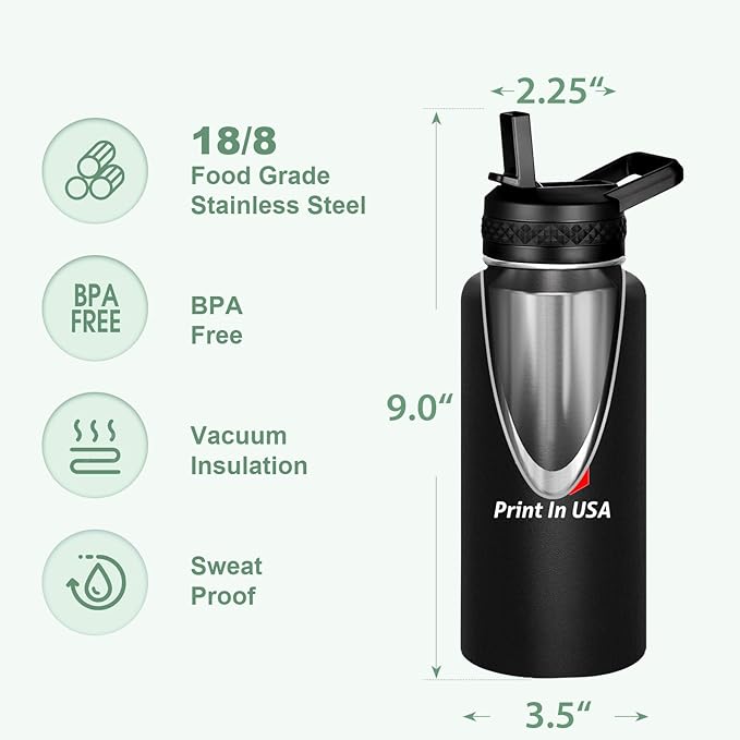 Personalized Custom Print in USA Water Bottle 50Pcs 32oz Stainless Steel Double Wall Coffee Cup with Lid & Straw Insulated Tumbler with Colorful Text Logo Photo