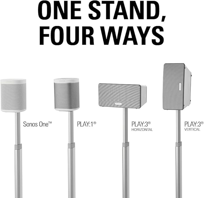 Sanus Adjustable Height Wireless Speaker Stands Designed for SONOS ONE, ONE SL, Play:1, and Play:3 - Tool-Free Height Adjust Up to 16" with Built in Cable Management - Single White