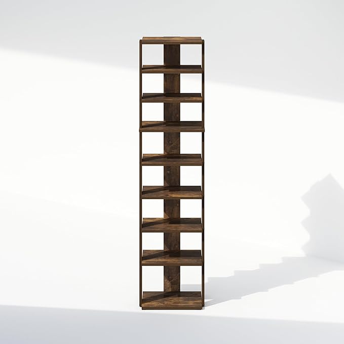 Furinno Turn-N-Tube Corner Shelf, 9-Tier Display Rack, Vertical Corner Storage Rack, Space Saving Organization and Storage, Entryway, Living Room, Closet, Amber Pine