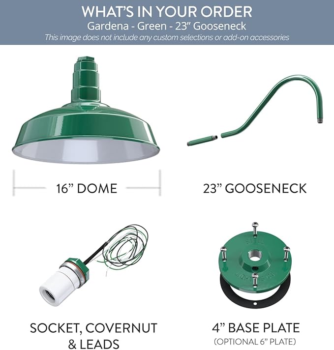 Steel Lighting Co. | Dusk to Dawn | Gardena Barn Light | Outdoor Wall Mounted | 16" Dome | 23" Gooseneck | Farmhouse Light Made in America | Green Exterior/White Interior