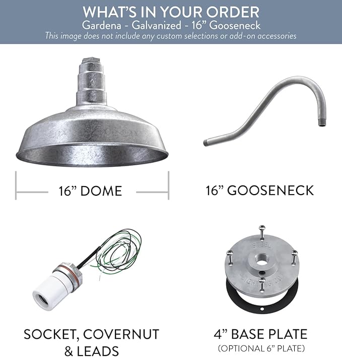 Steel Lighting Co. | Dusk to Dawn | Gardena Barn Light | Outdoor Wall Mounted | 16" Dome | 16" Gooseneck | Farmhouse Light Made in America | Galvanized Exterior/Galvanized Interior