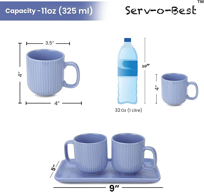 Ceramic Coffee Mugs with Handle Set – 2-Piece 11 Oz Ceramic Coffee Cups & 9" Tray, Handmade Cornflower Blue Color, Microwave Safe Gift Set for Tea Lovers, Home Kitchen Décor