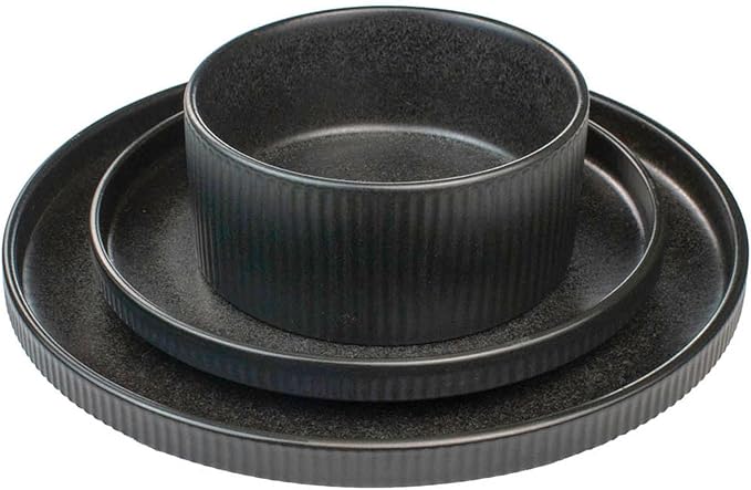 Sango 12 Pieces Stoneware Fluted Dinnerware Set, Modern Black Dishes for 4, Premium Serving Plates and Bowls Sets, Chip & Scratch Resistant, Ceramic Kitchen Dish, Microwave & Dishwasher Safe, Anderson