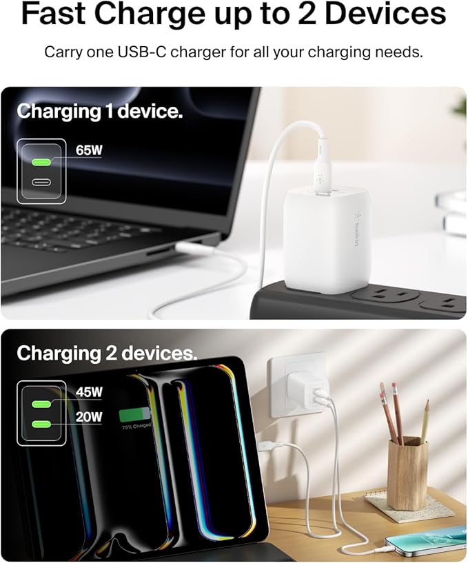 Belkin 65W Dual USB C Charger Block, Super Fast Charging PD3.0 w/ GaN Technology - Samsung Galaxy S25, Apple iPhone 17, Air, Pro, Pro Max, iPad, MacBook, AirPods, Nintendo Switch 2 & More - White