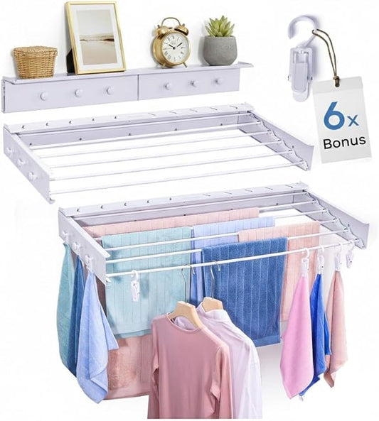 40" Premium Aluminum Foldable Clothes Drying Rack Included Shelf with 6 Rods & 6 Extra Clips - Large Laundry Rack | 65 LBs Capacity Space-Saving Collapsible Design for Indoor Outdoor Use