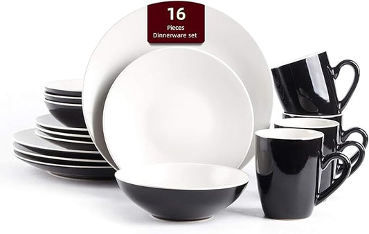 Stoneware Two-Tone Colors Life 16pc Dinner Set，Outside Shiny Black + Inside Matte Glaze Off White Cream color