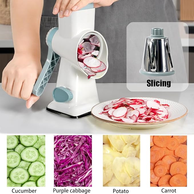 Rotary Cheese Grater Shredder with Handle Handheld Round Mandoline Vegetable Slicer Carrot Shredder Nut Grinder with 3 Replaceable Stainless Steel Drum Blades and Upgrade Strong Suction, White/Cyan