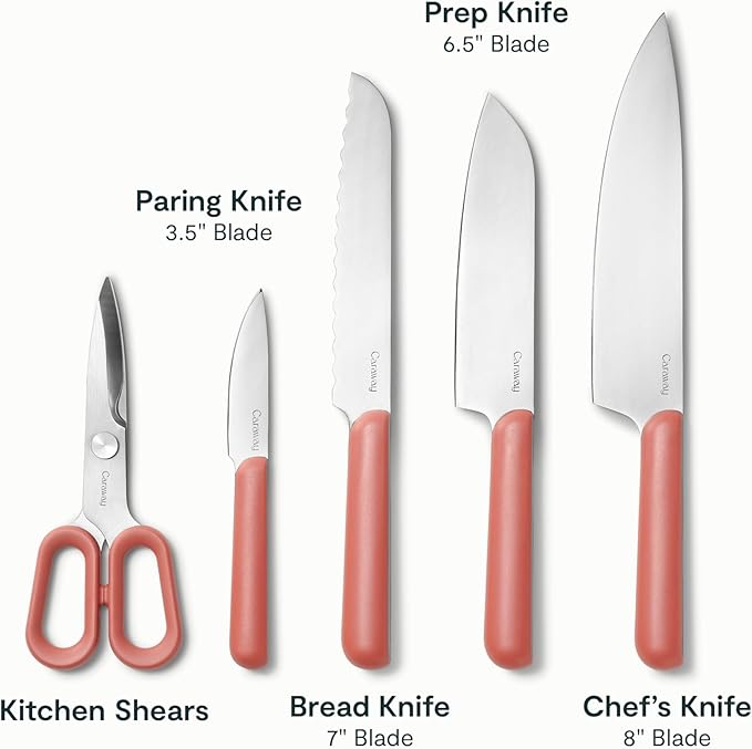 Caraway 14-Piece Kitchen Prep Set - Kitchen Knife Set & Wooden Utensil Set - Made With Premium German Steel Blades & FSC-Certified Birch Wood - Non-Toxic Materials - Includes Organizer - Perracotta